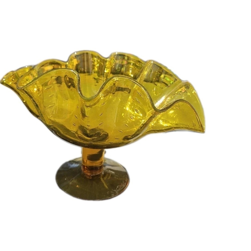 Bischoff Glass ~ CONTROLLED BUBBLE PEDESTAL BOWL ~ Amber Gold Color MCM‎